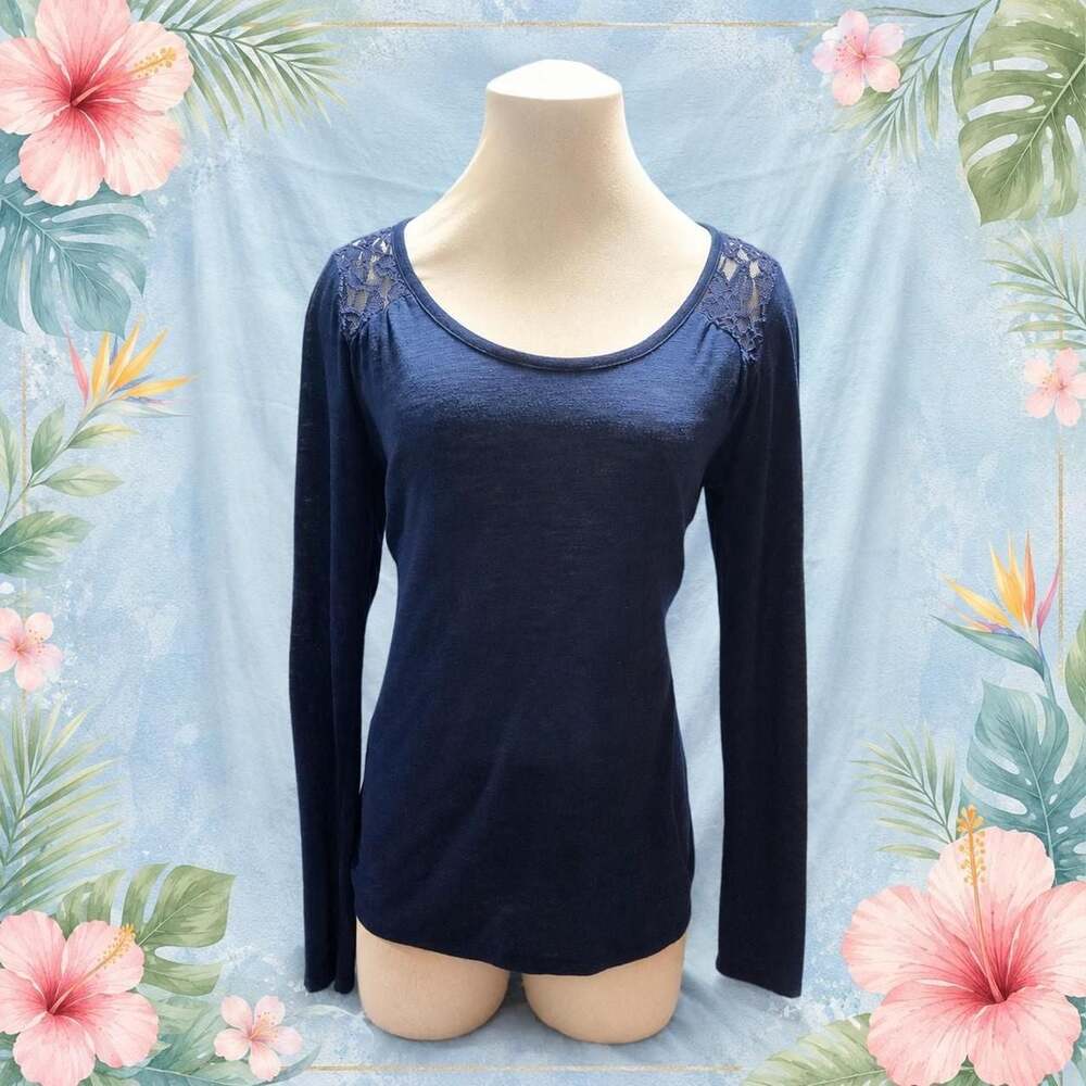 0005-Rewind Navy Blue Long Sleeve Lace Back Top